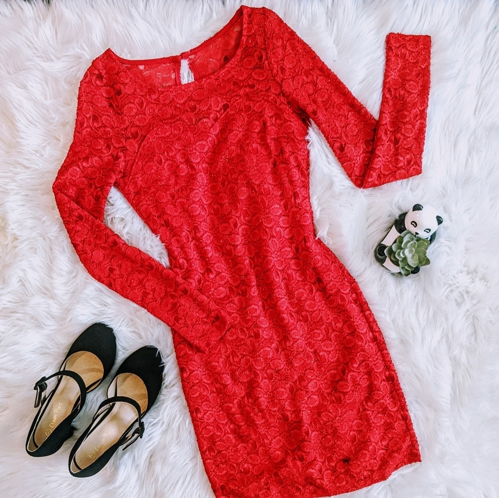 Red Christmas Lace Long Sleeve Mini Dress Jr M EUC